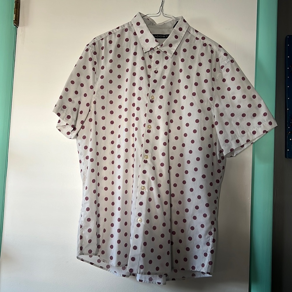 Mens Axist white and purple polka dot button down.